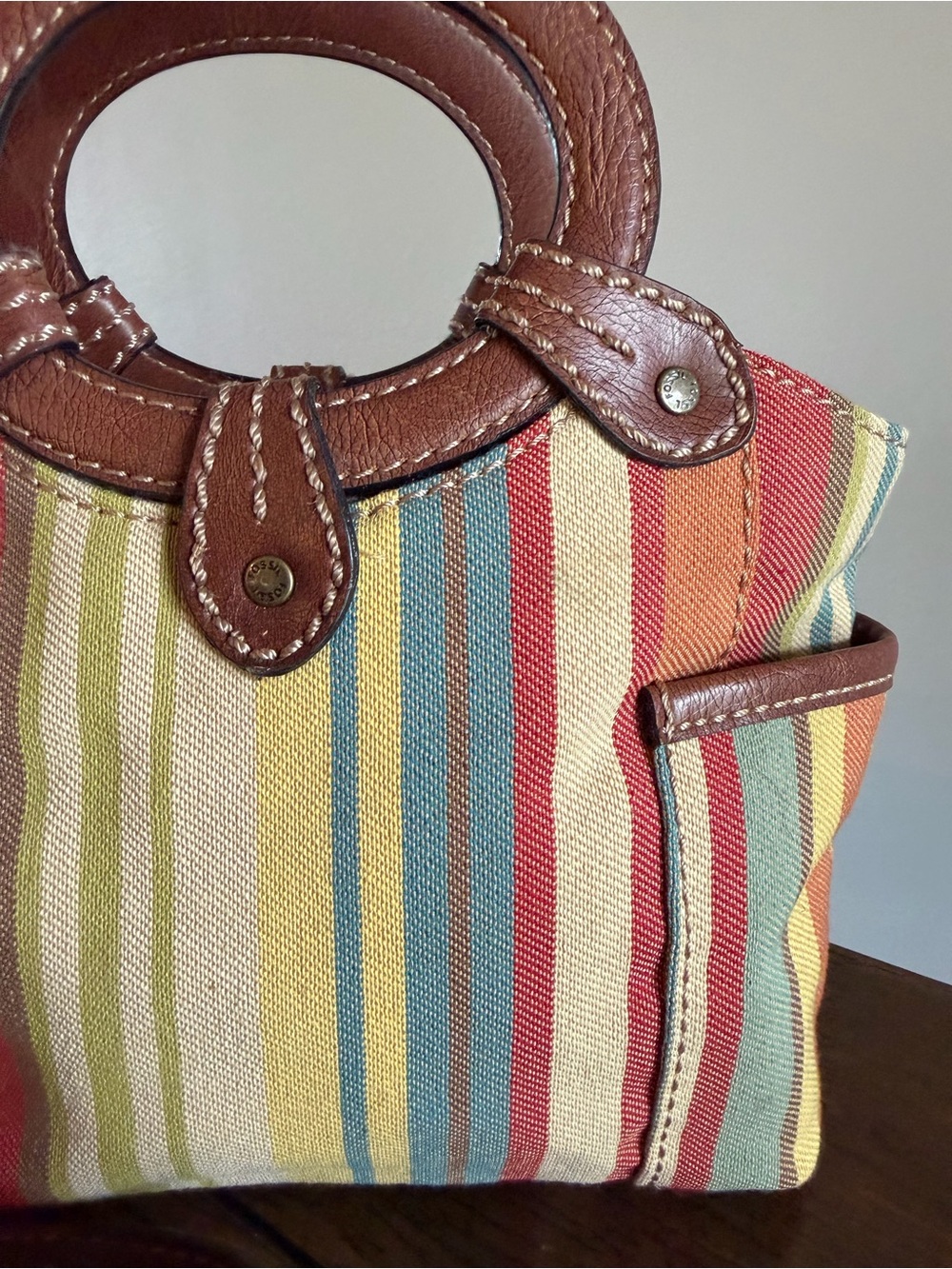 Vintage Fossil Canvas Boho Purse Multicolor Striped Bag Leather Shoulder Bag - Picture 5 of 15